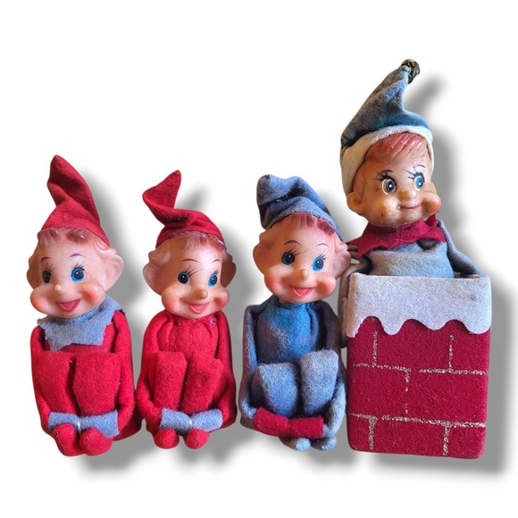 MCM Rubber Face Elf Knee Huggers X3 & Elf In Chimney Christmas Ornament Japan - Picture 1 of 16